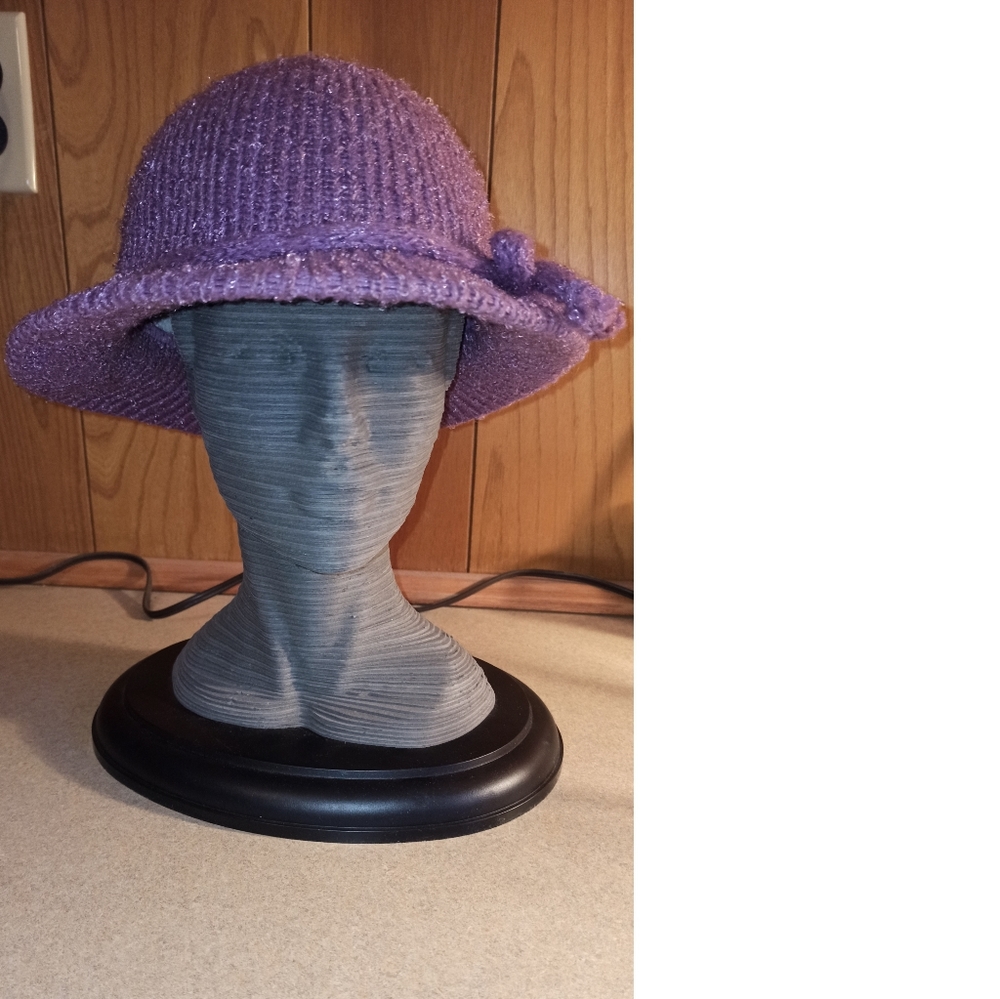Vintage knitted Cloche hat light purple with bow